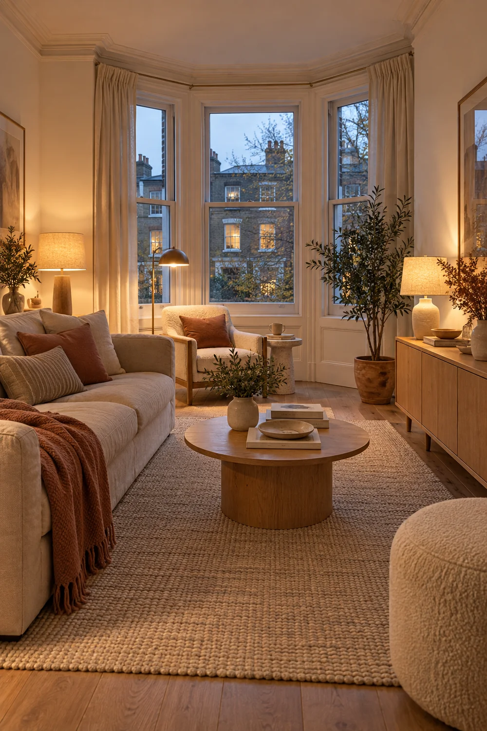 Portable lamps lighting a rental living room at dusk