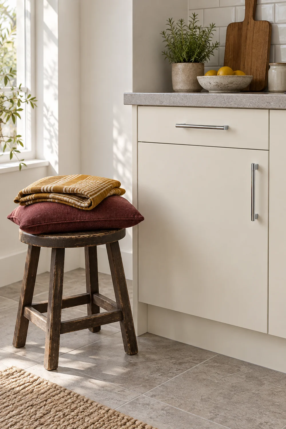 Portable ochre cloth and oxblood cushion beside a fixed cream kitchen cabinet