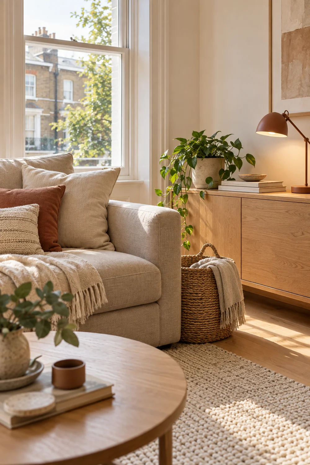 Portable storage basket and lamp beside a sofa