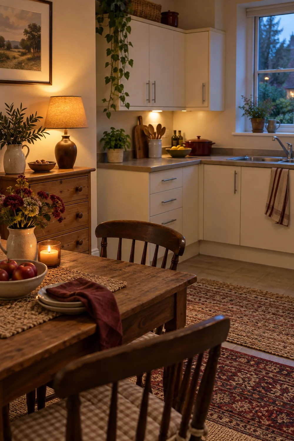 Portable table lamp on a pine dresser beside a rental kitchen