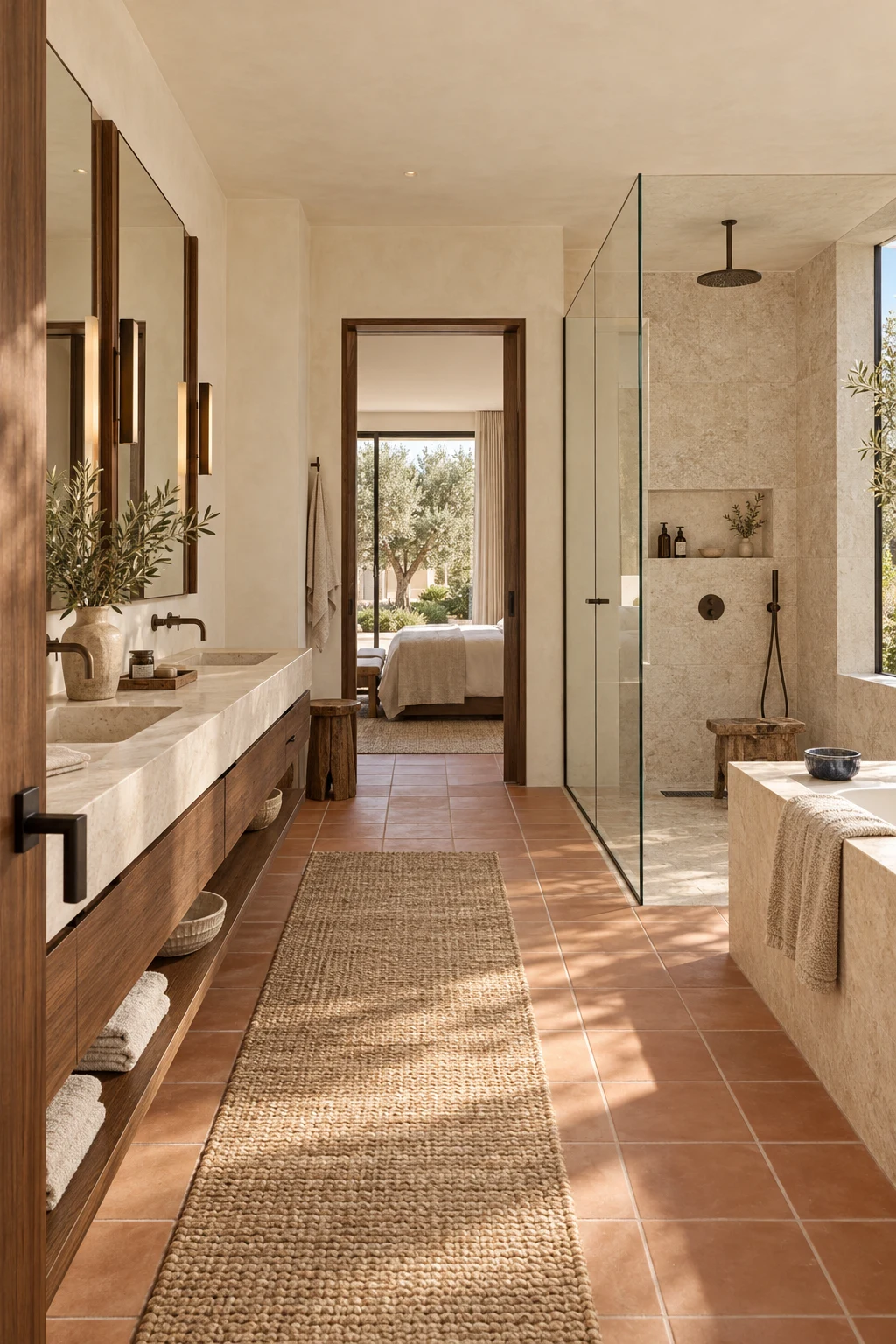 Primary bathroom with a long stone vanity, glass shower and warm terracotta floor
