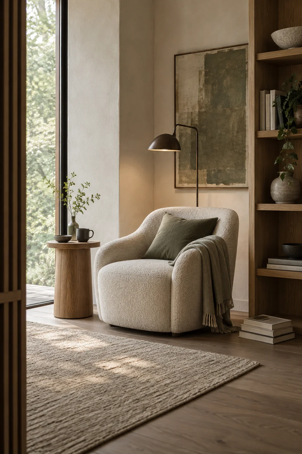 Quiet reading chair beside a Japandi study workspace