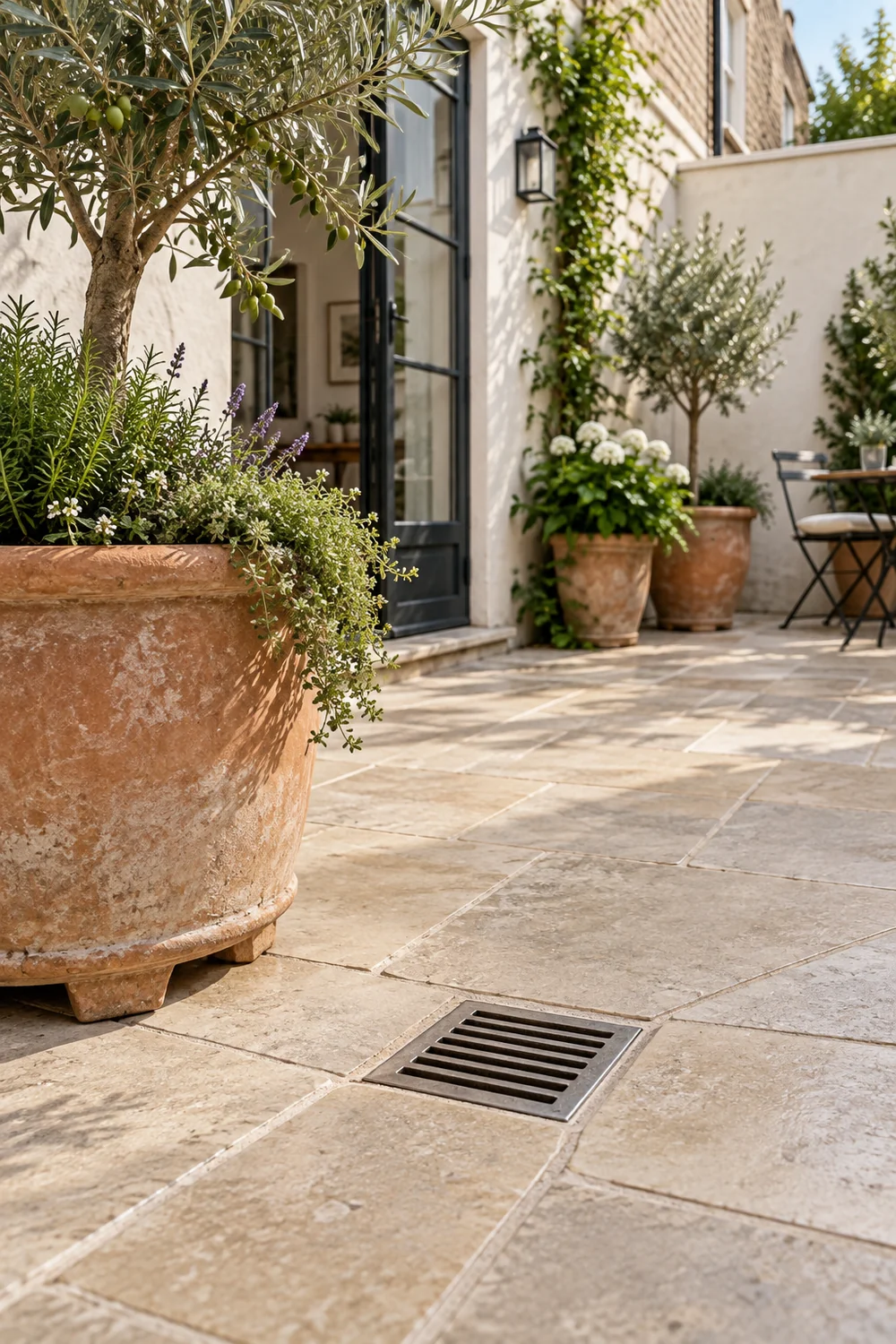 Raised terracotta pot beside a clear courtyard drain on limestone paving