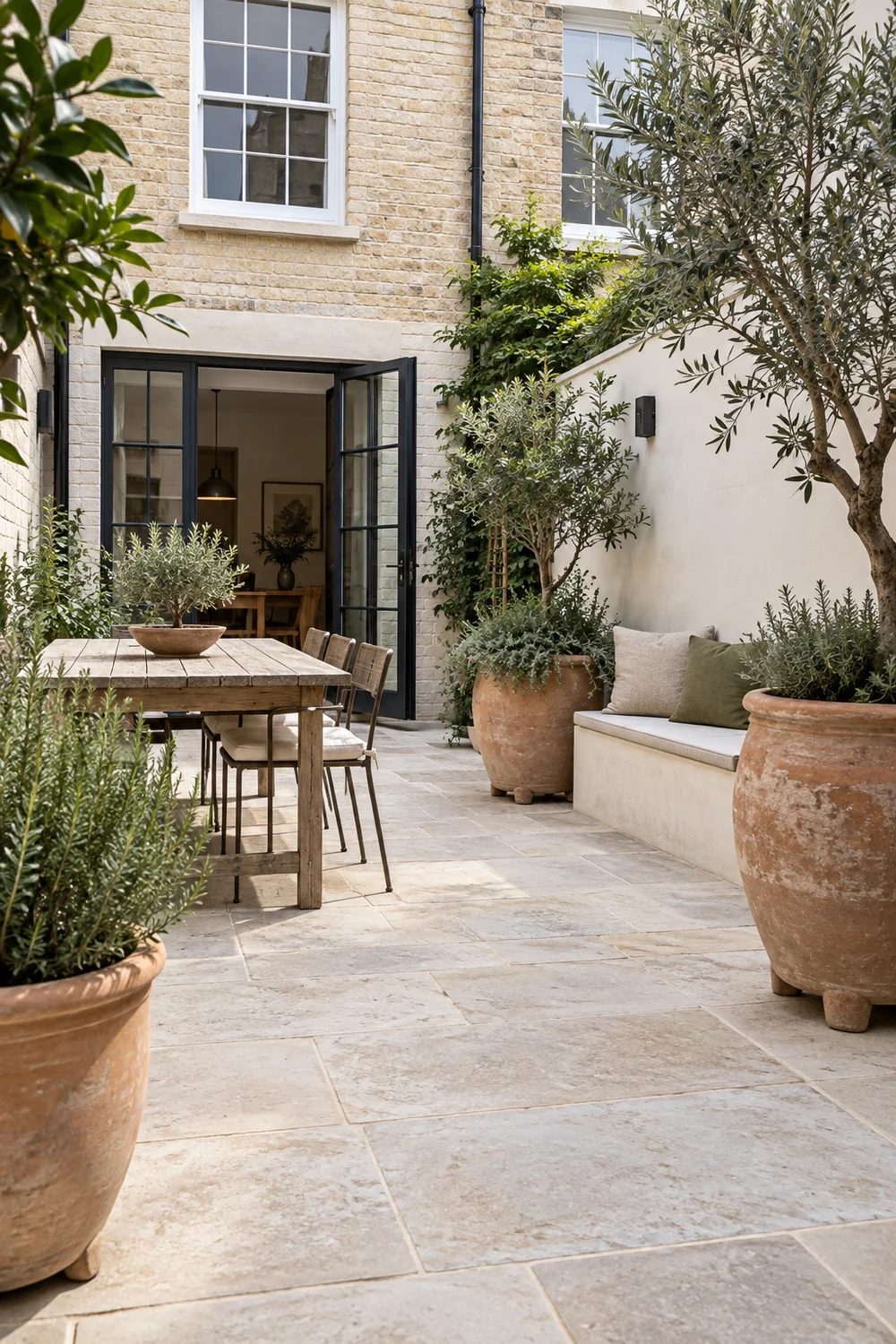 Raised terracotta pots and evergreen plants beside a clear courtyard route