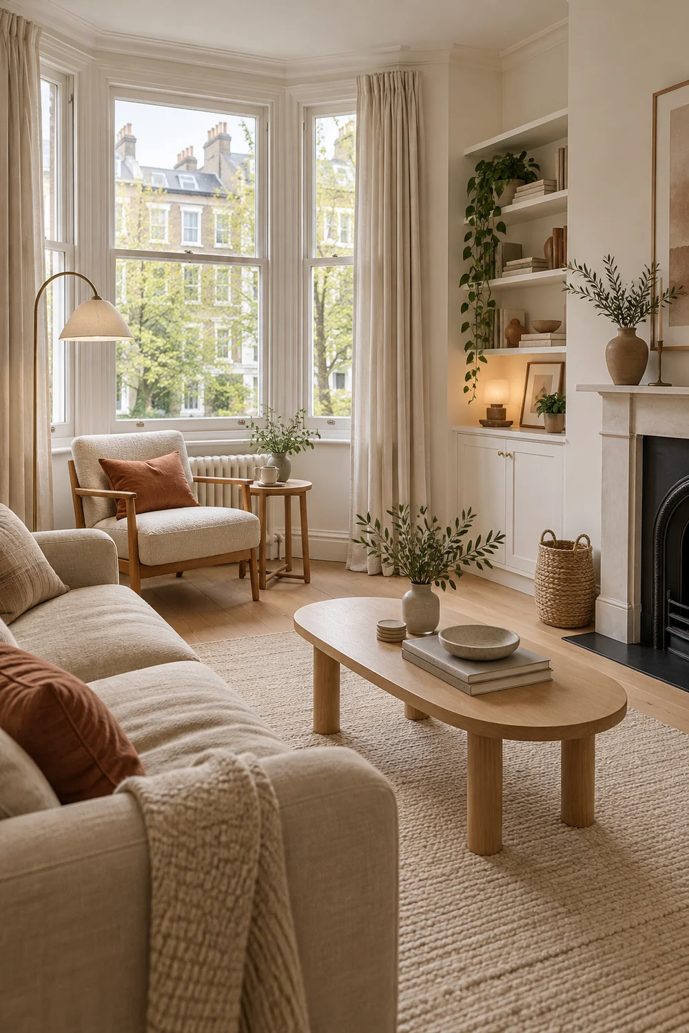 Reading chair and floor lamp near a living room window