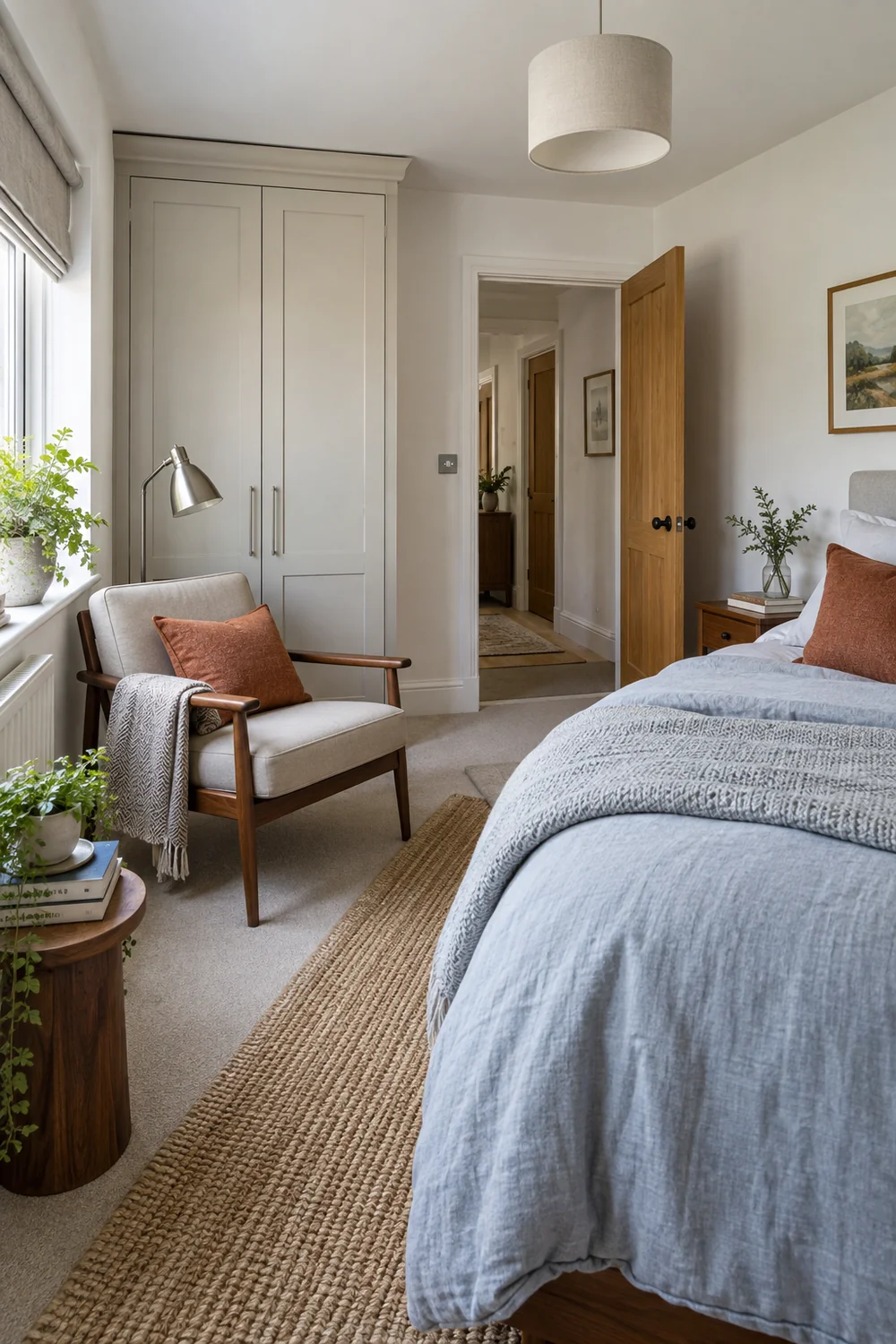 Reading chair and open route beside a bed in a small bedroom