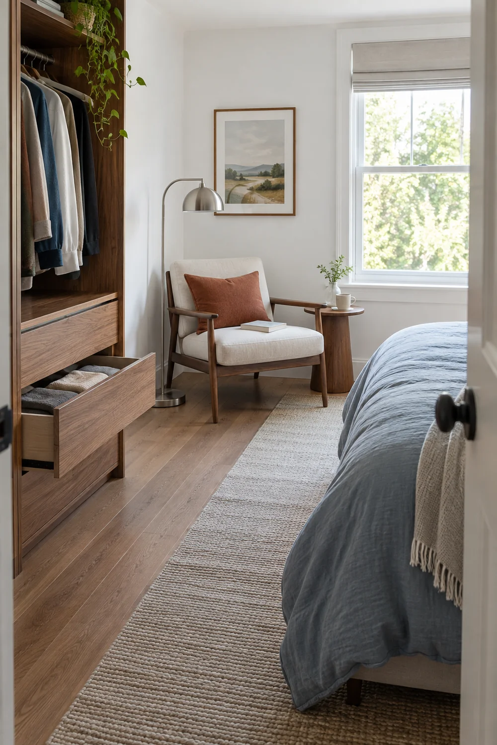 Reading chair beside an open wardrobe and clear bedroom route