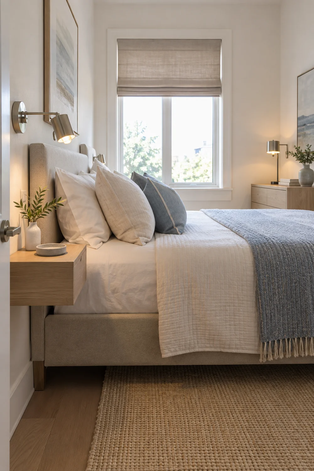Reading light and oak drawer within reach of a pillow