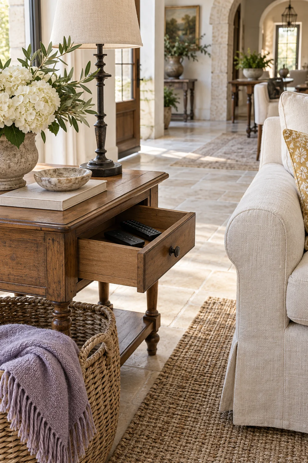 Remote controls in an open chestnut side table drawer beside a linen sofa
