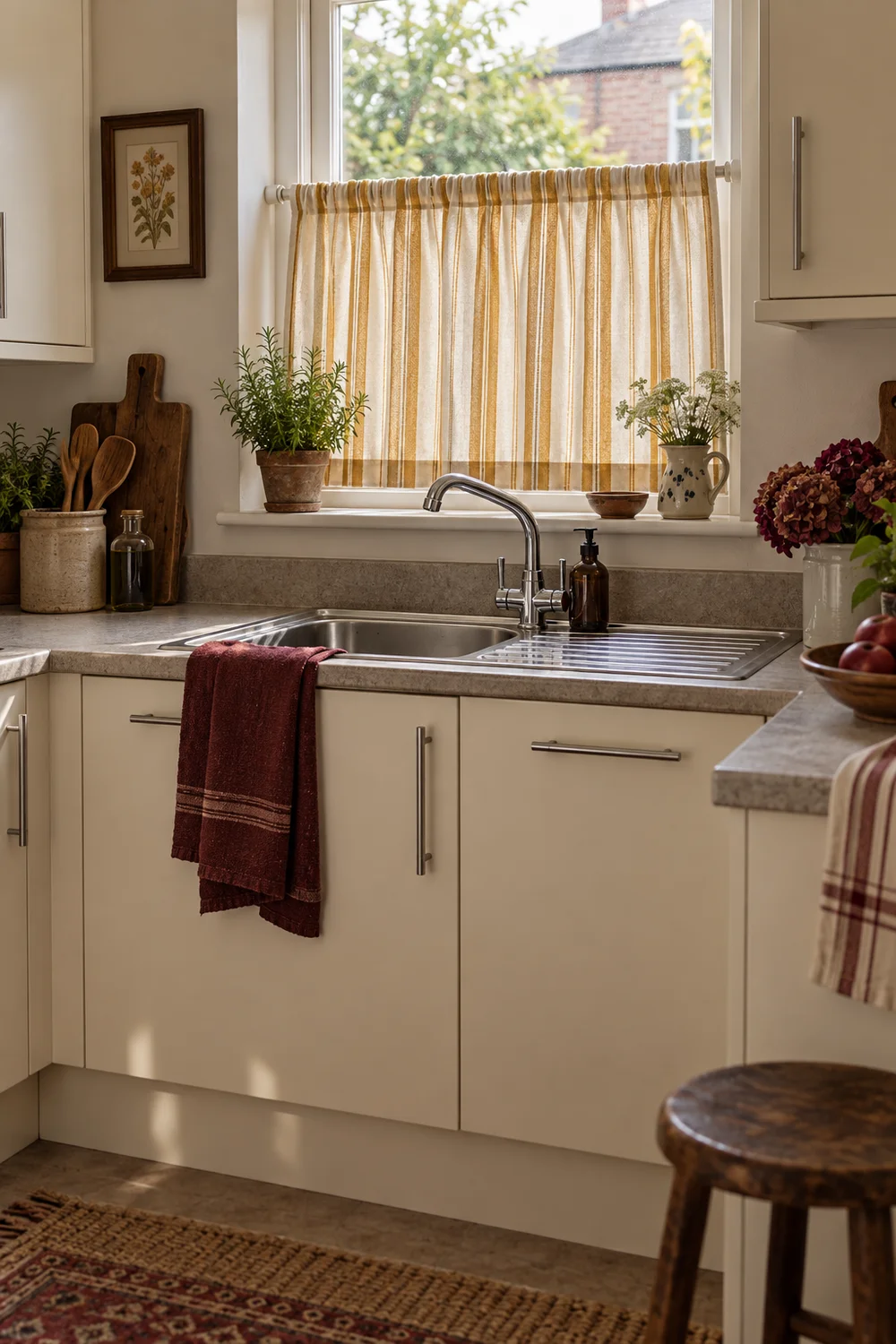 Removable ochre striped cafe curtain above a stainless kitchen sink
