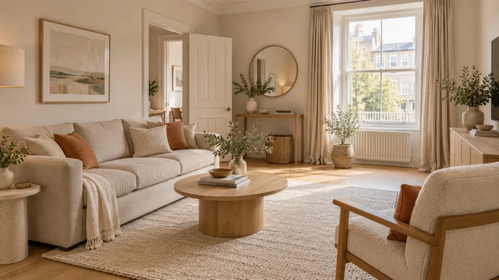 Rental living room layout with sofa chair and a clear route