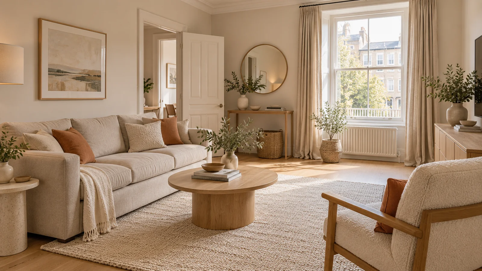 Rental living room layout with sofa chair and a clear route