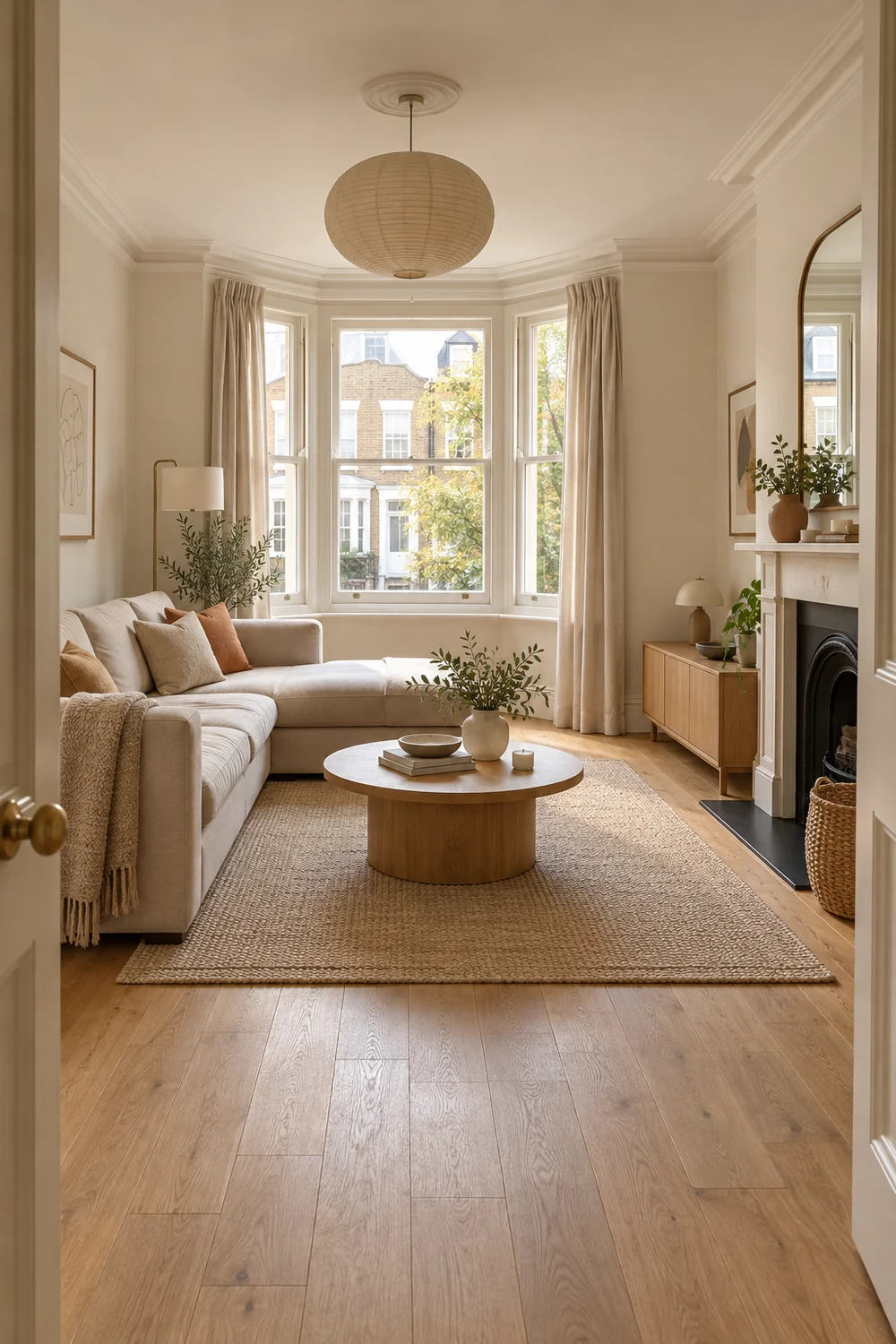 Rental living room seen from the doorway with a clear route