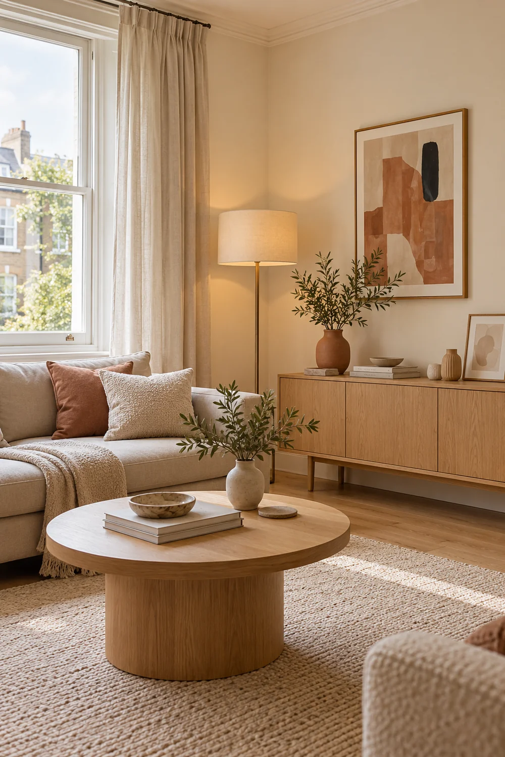 Rental living room with supported art and movable lighting
