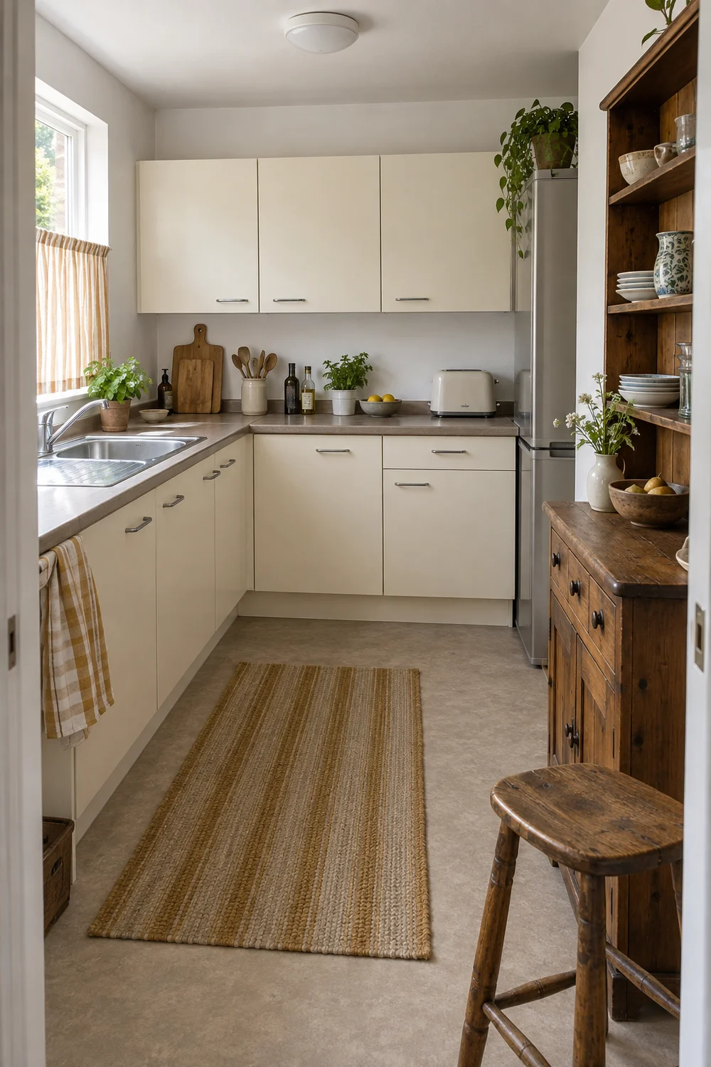 Rented kitchen with cream cabinets and an ochre curtain beside the sink