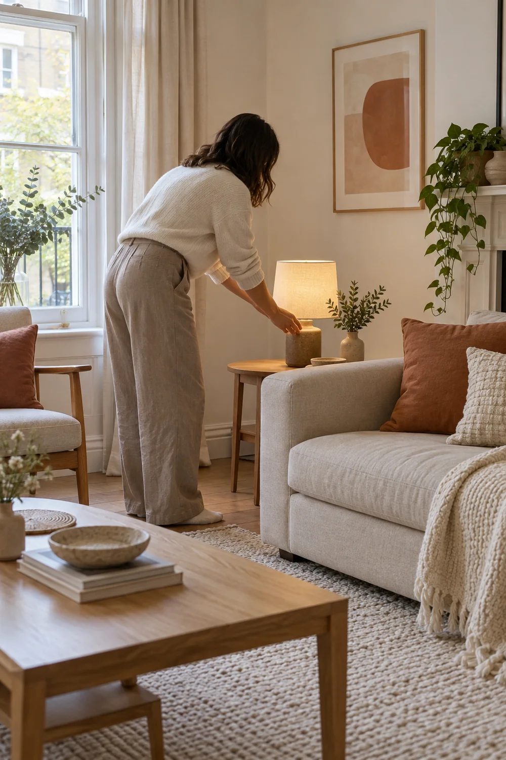 Renter adjusting a portable lamp beside the sofa
