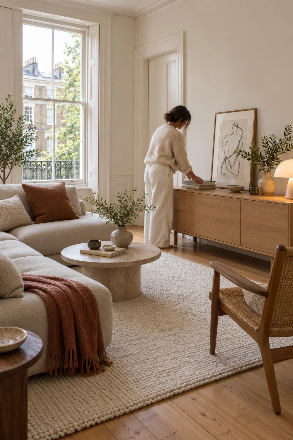 Renter arranging books on a low oak cabinet