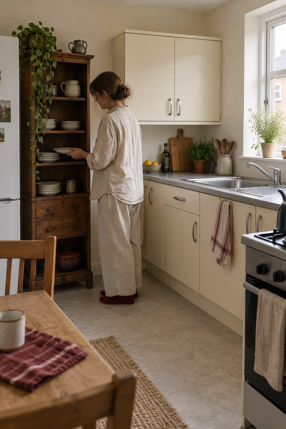 Renter choosing crockery from a portable pine kitchen dresser