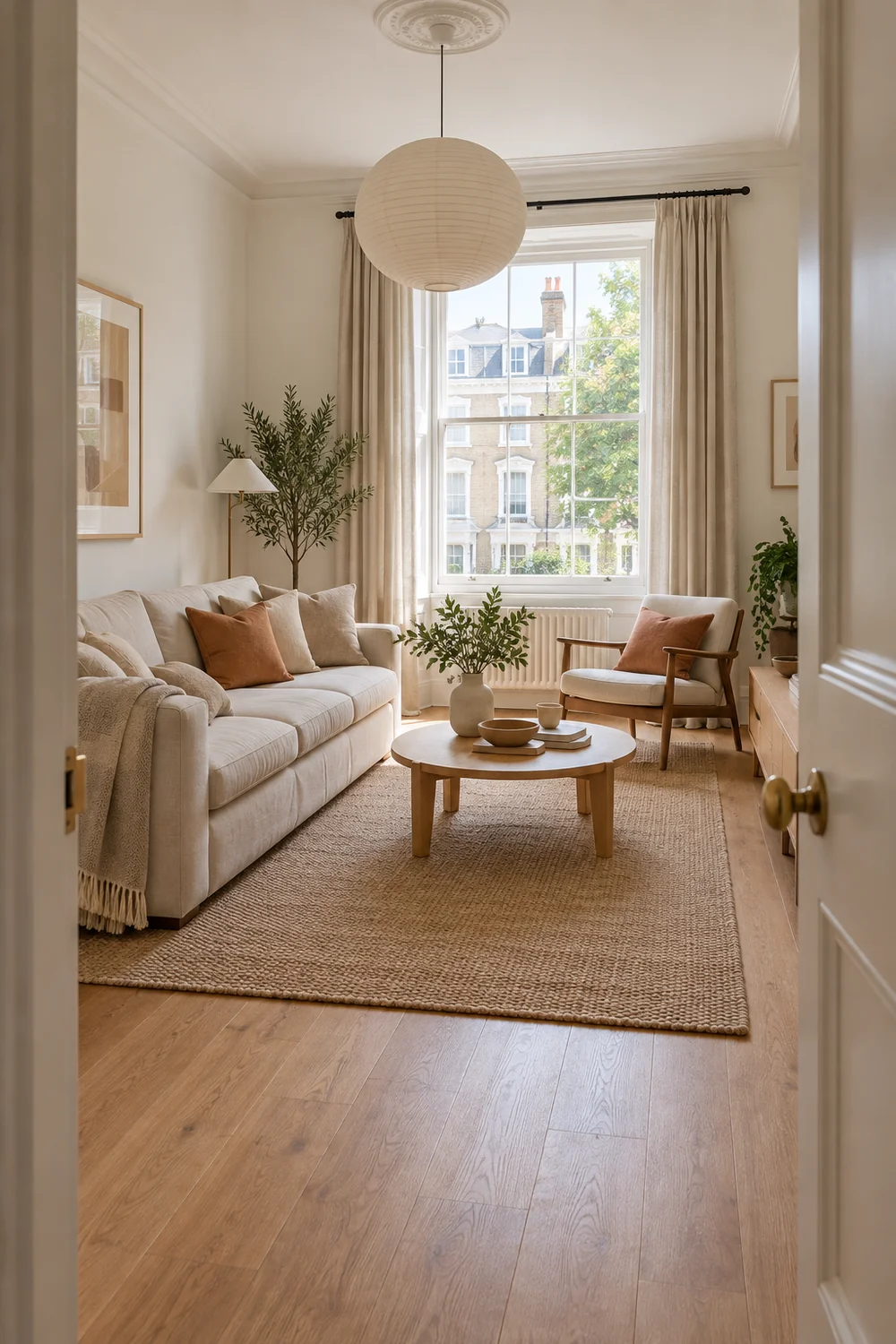 Renter friendly living room planned around the doorway and window