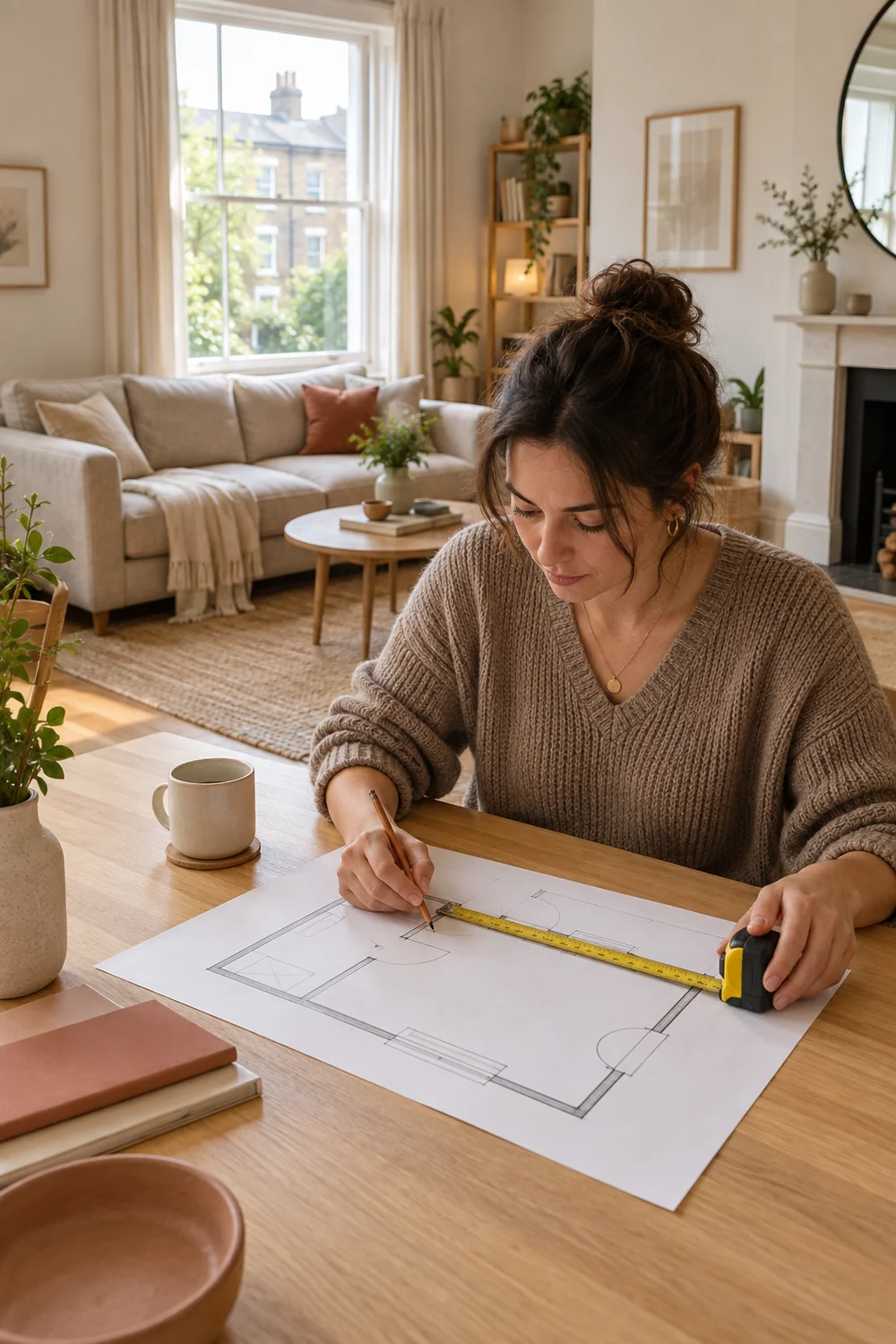 Renter measuring a hand drawn living room plan at a table