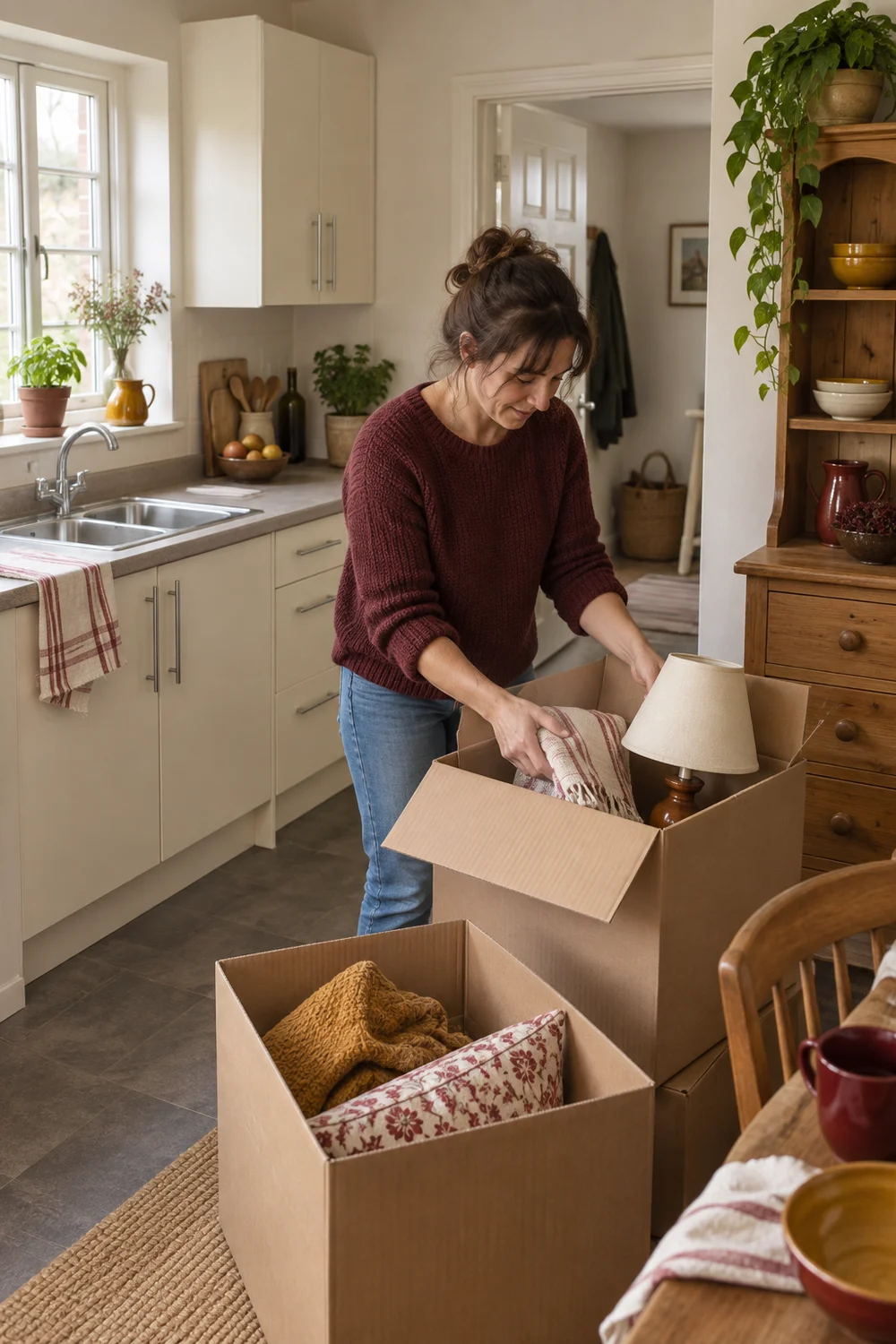 Renter packing portable kitchen fabrics and a lamp before moving