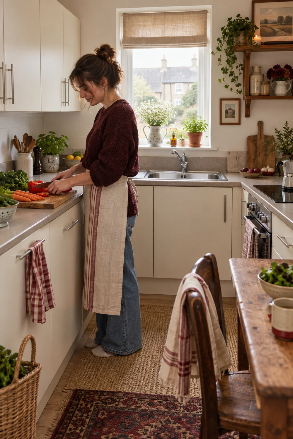 Renter preparing vegetables on a clear rental kitchen worktop
