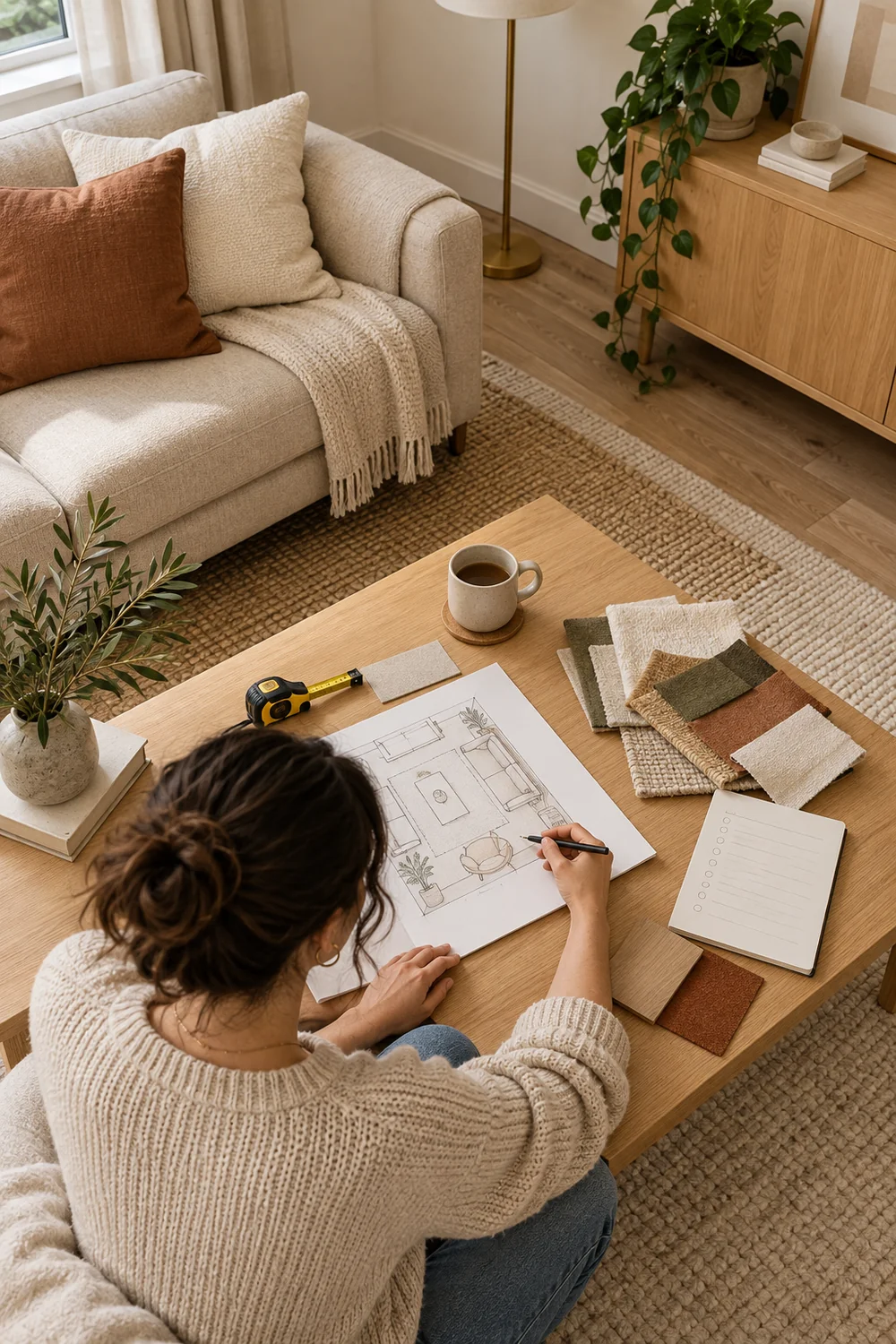 Renter reviewing a room sketch and portable fabric samples