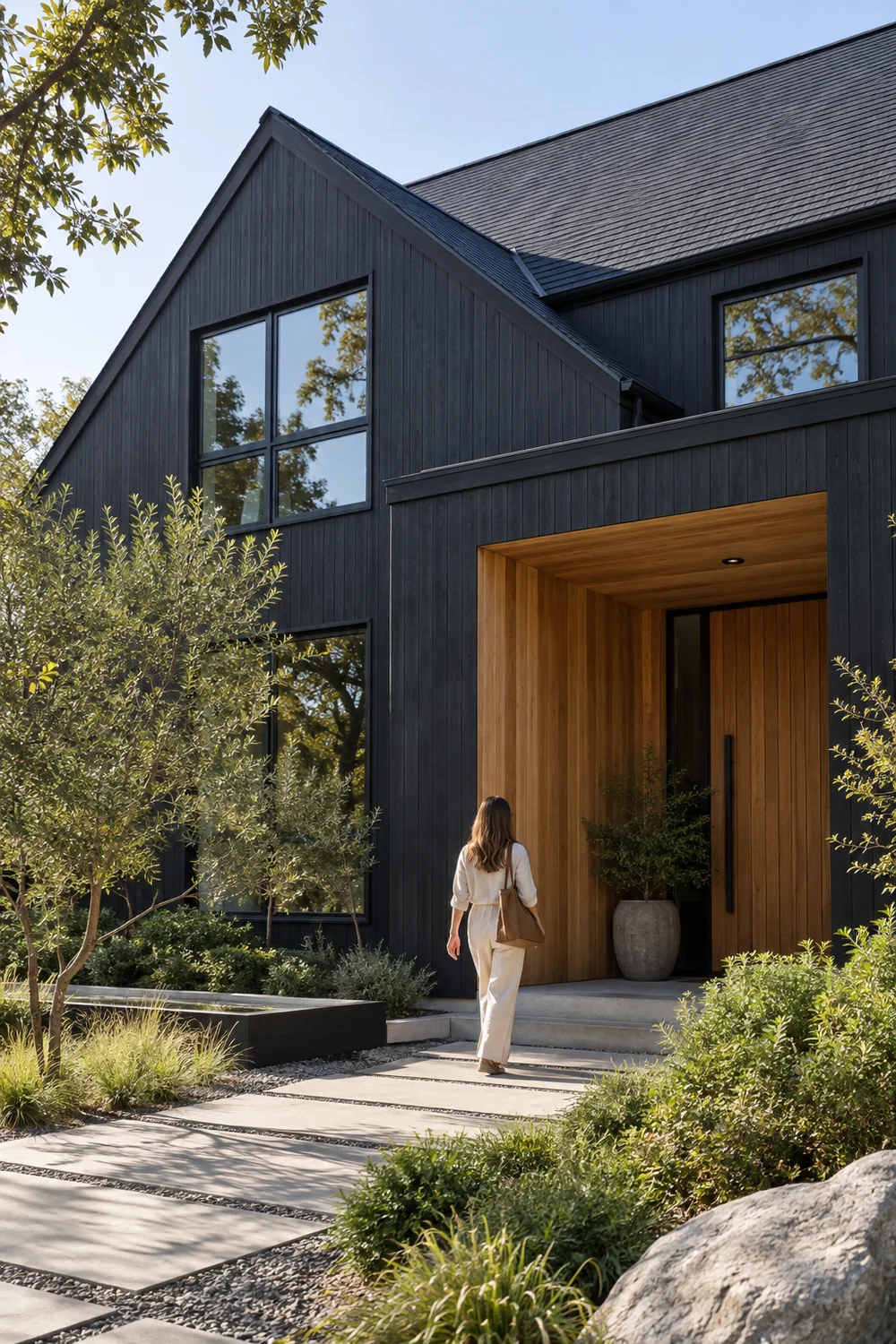 Resident approaching a cedar entrance beside black cladding and retained windows