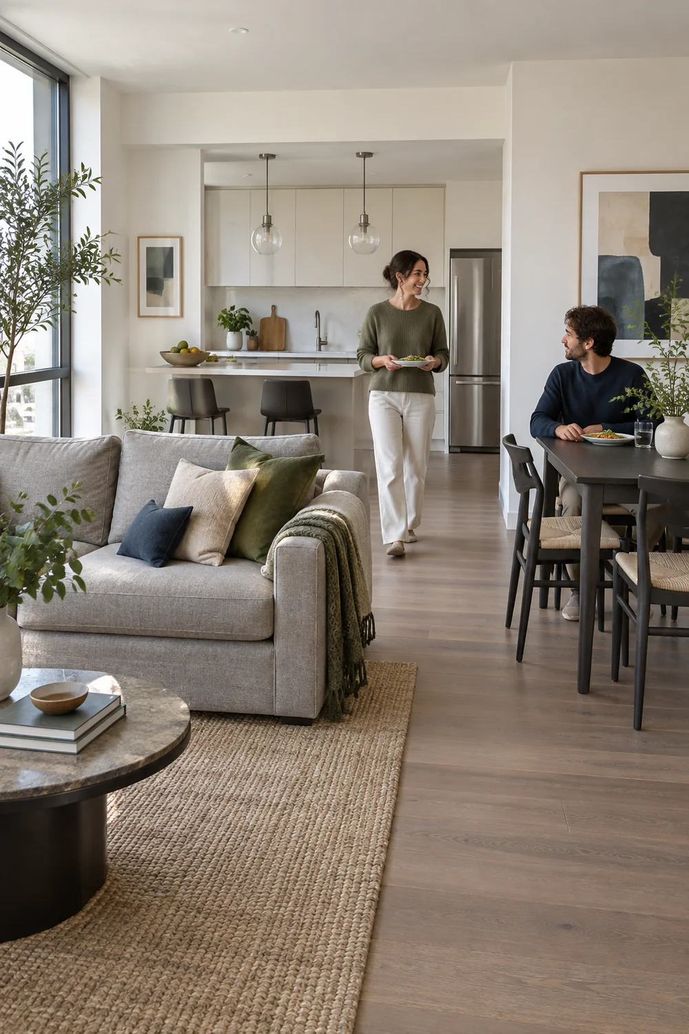 Resident carrying a plate past a seated diner in a shared living and dining room