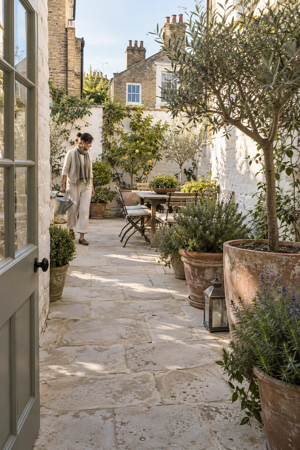 Resident carrying a watering can through a Mediterranean townhouse courtyard