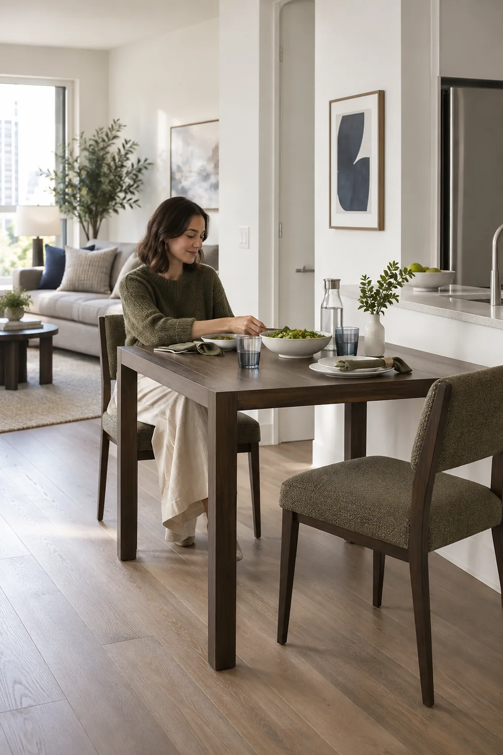 Resident eating at a corner dining table near the apartment kitchen