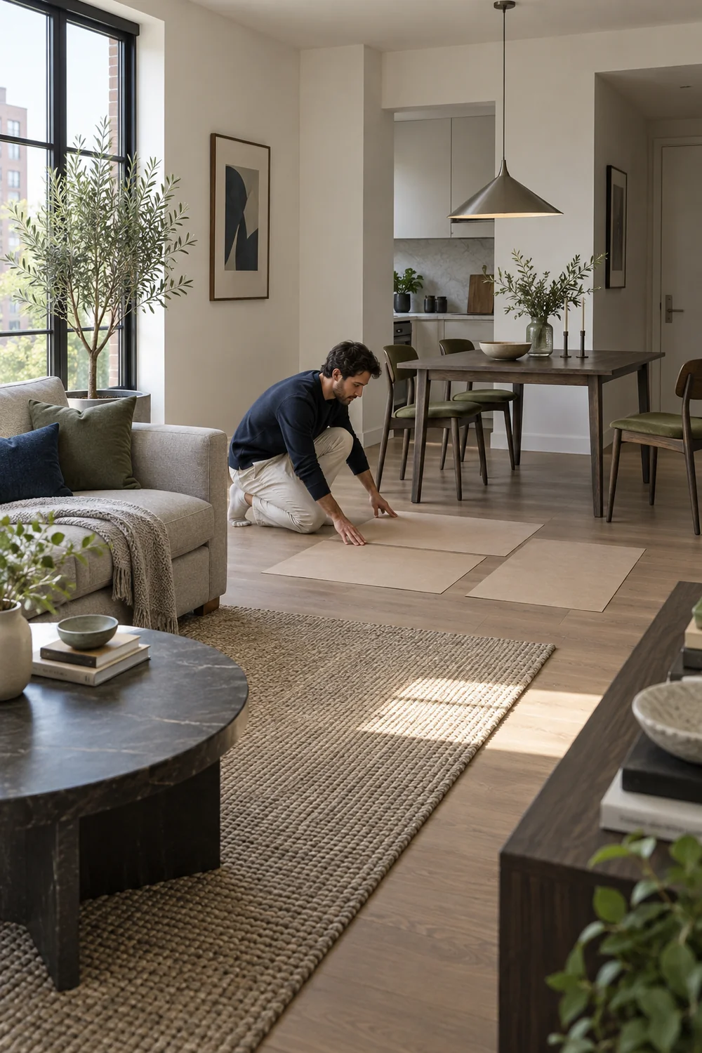 Resident laying paper rectangles on the floor to test a dining table footprint