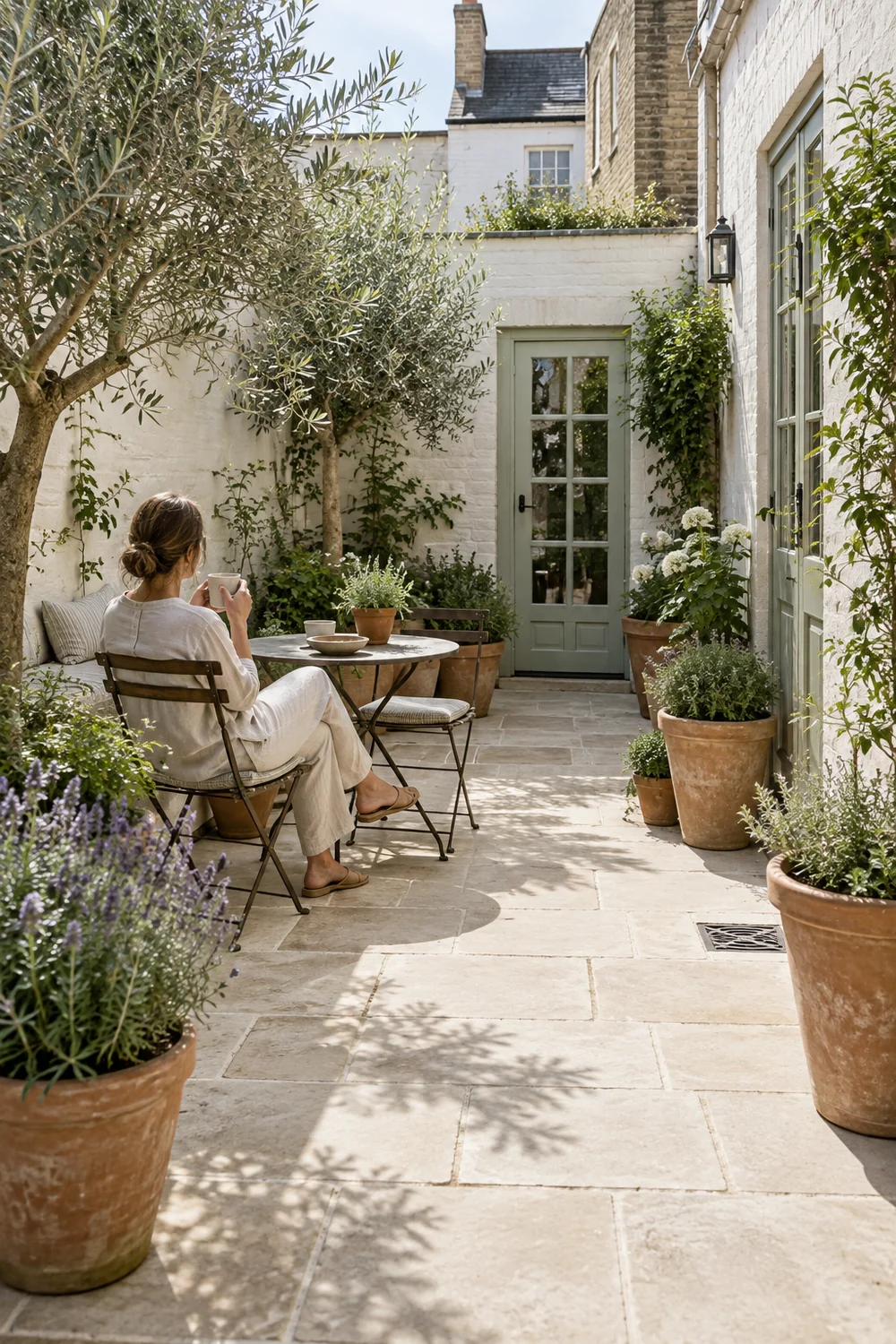 Resident seated with a cup beside an open route in a small townhouse courtyard