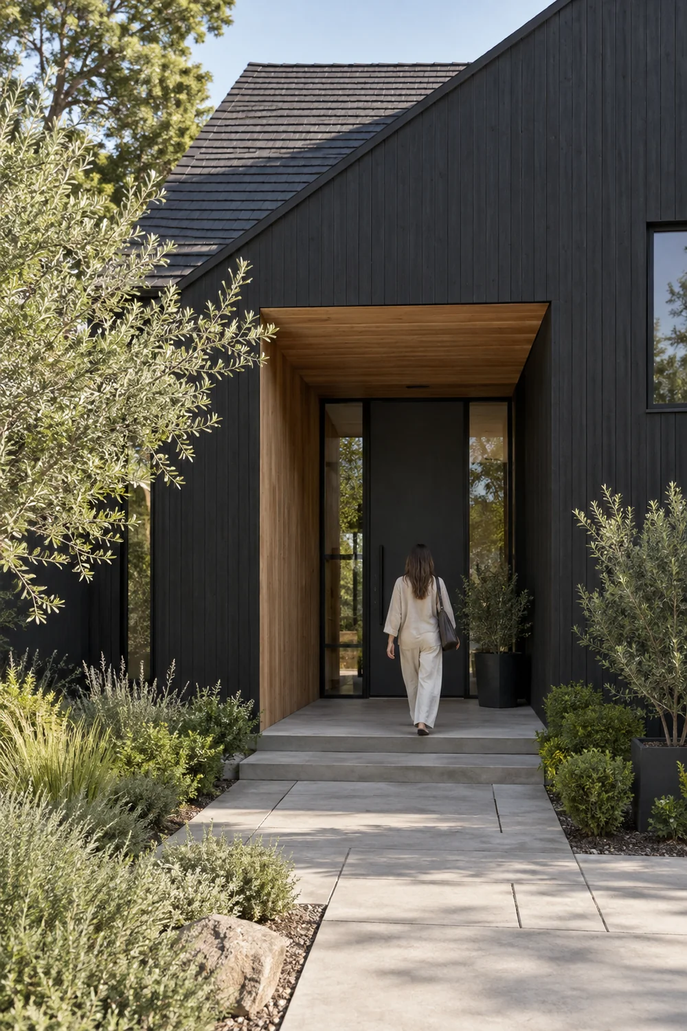 Resident walking toward a cedar lined entrance in a modern black house
