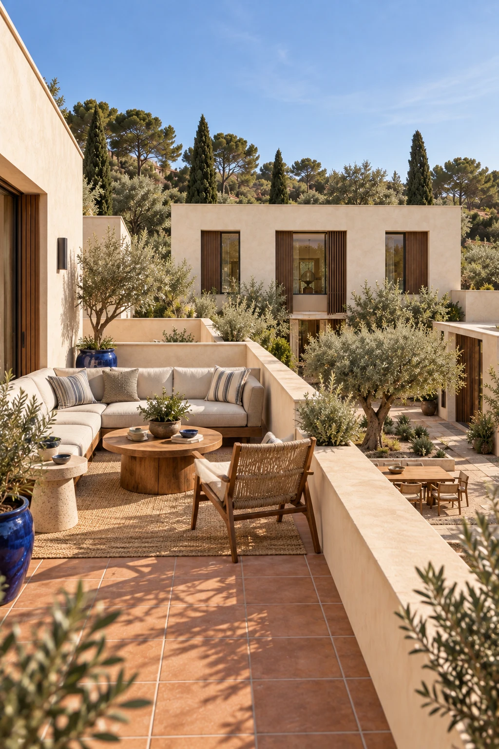 Roof terrace seating beside the olive canopy with the low courtyard wings visible below