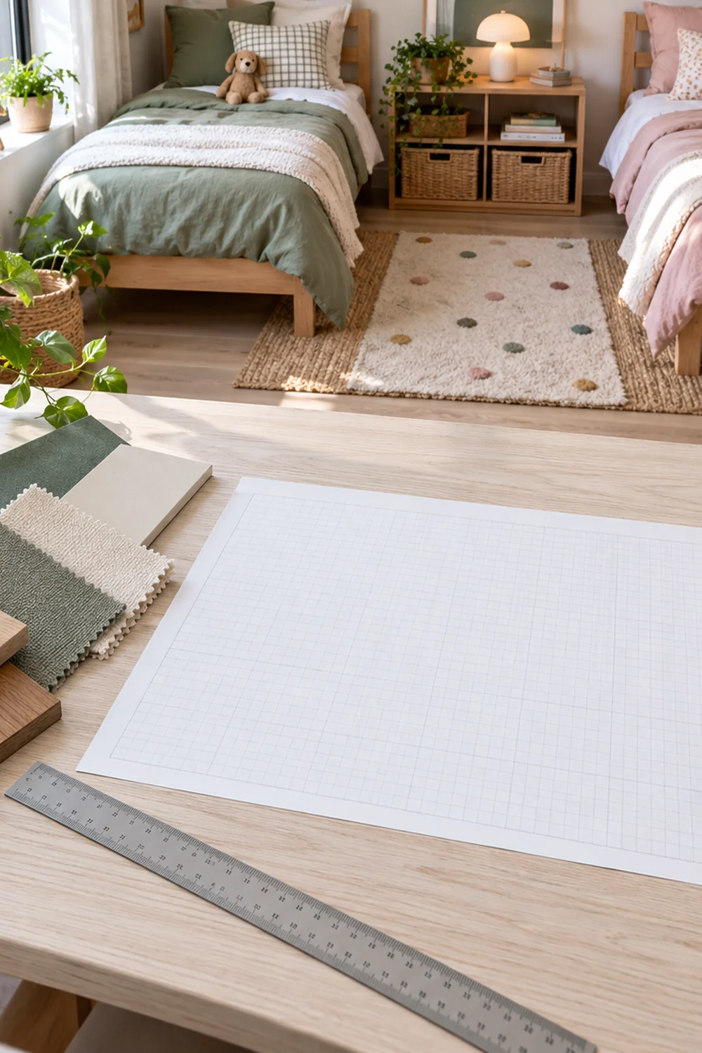 Room plan and timber samples on a pale ash desk