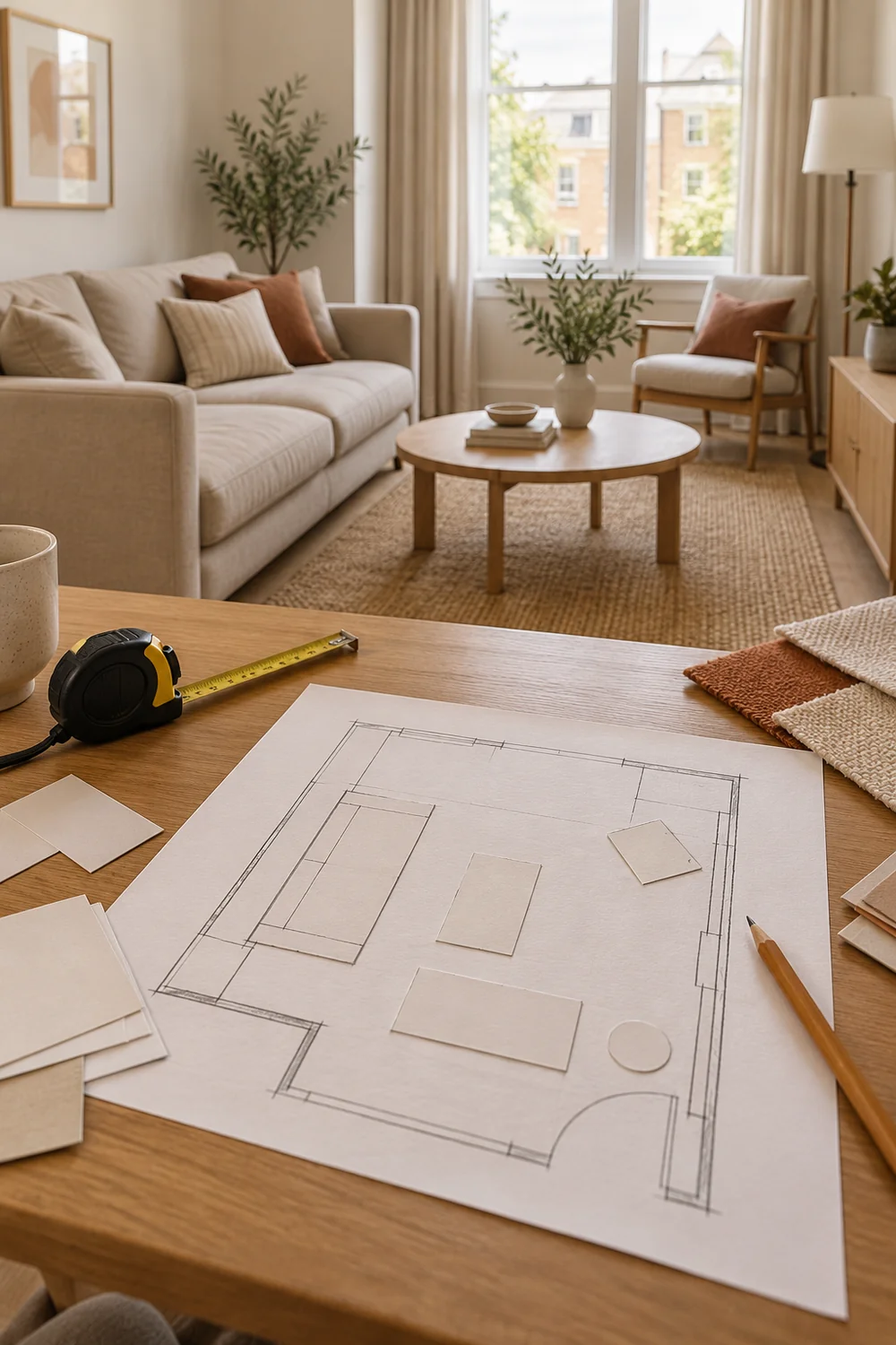 Room sketch with furniture shapes and tape measure on a table