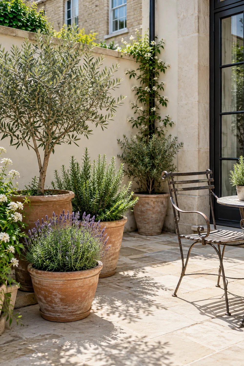 Rosemary and lavender pots in a sunny courtyard corner beside a chair