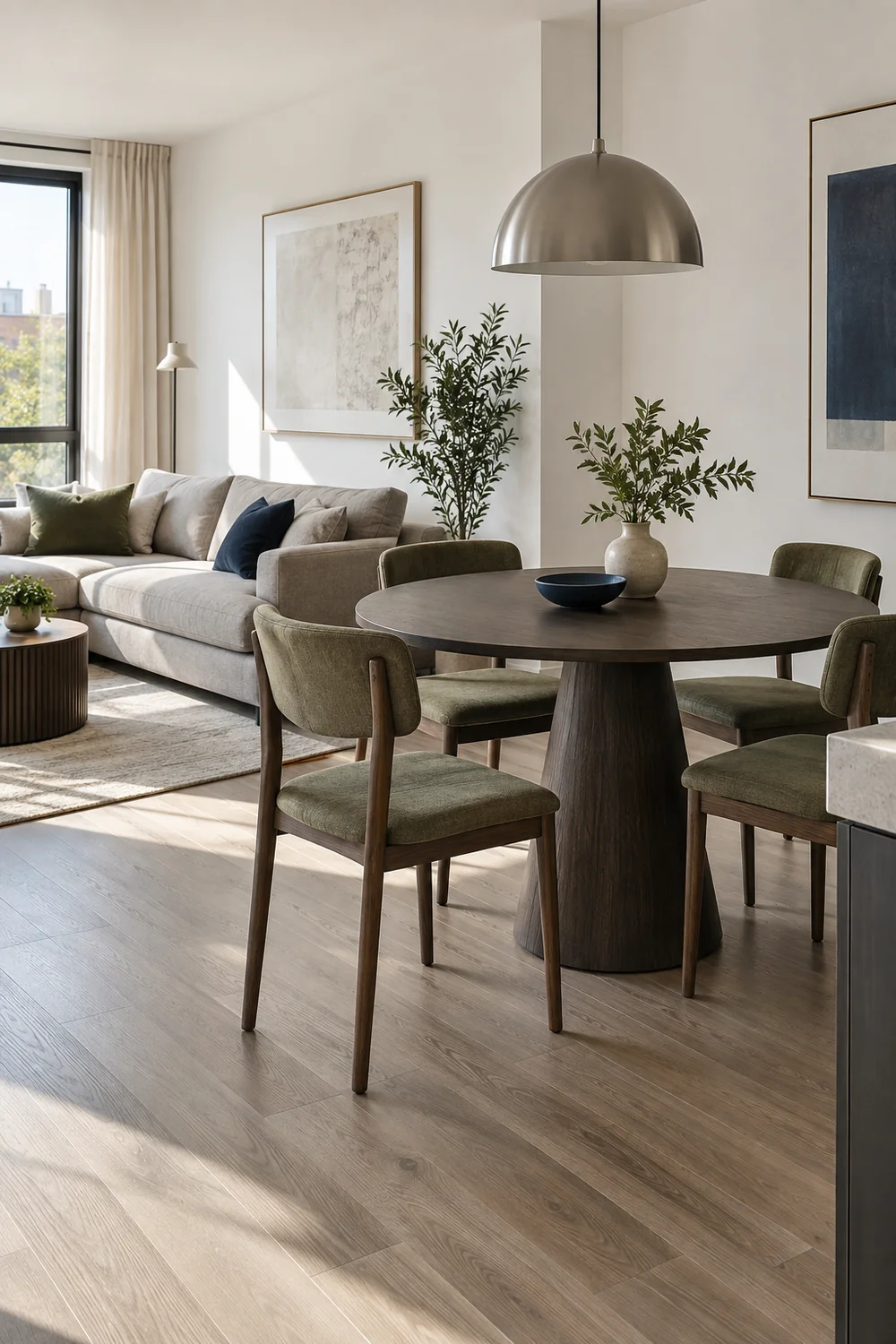 Round dark dining table with olive chairs beside a grey apartment sofa