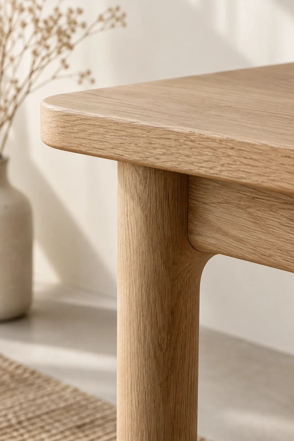 Rounded oak joinery detail on a crafted Japandi desk