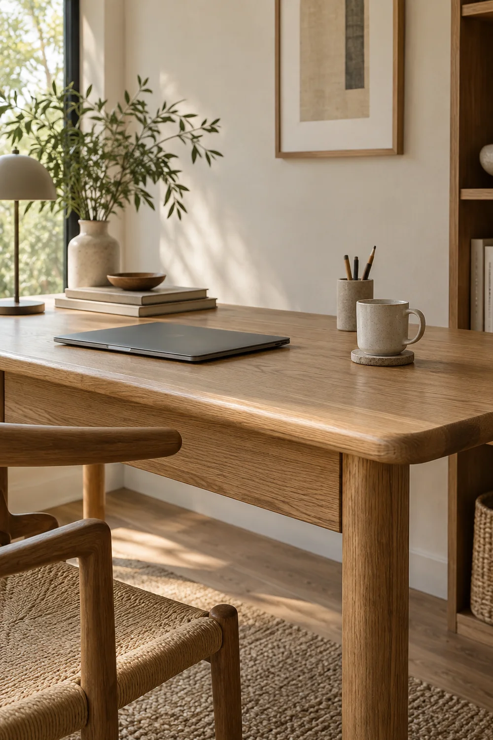 Rounded solid oak edge on a softly detailed Japandi desk