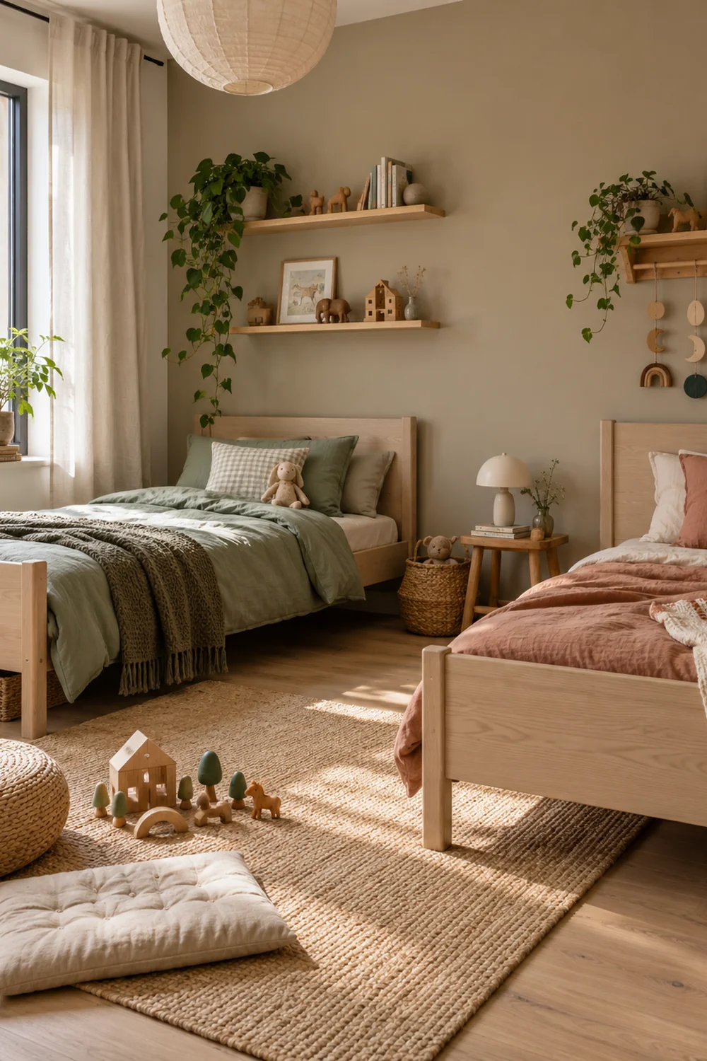 Sage and clay accents distinguish two pale ash beds