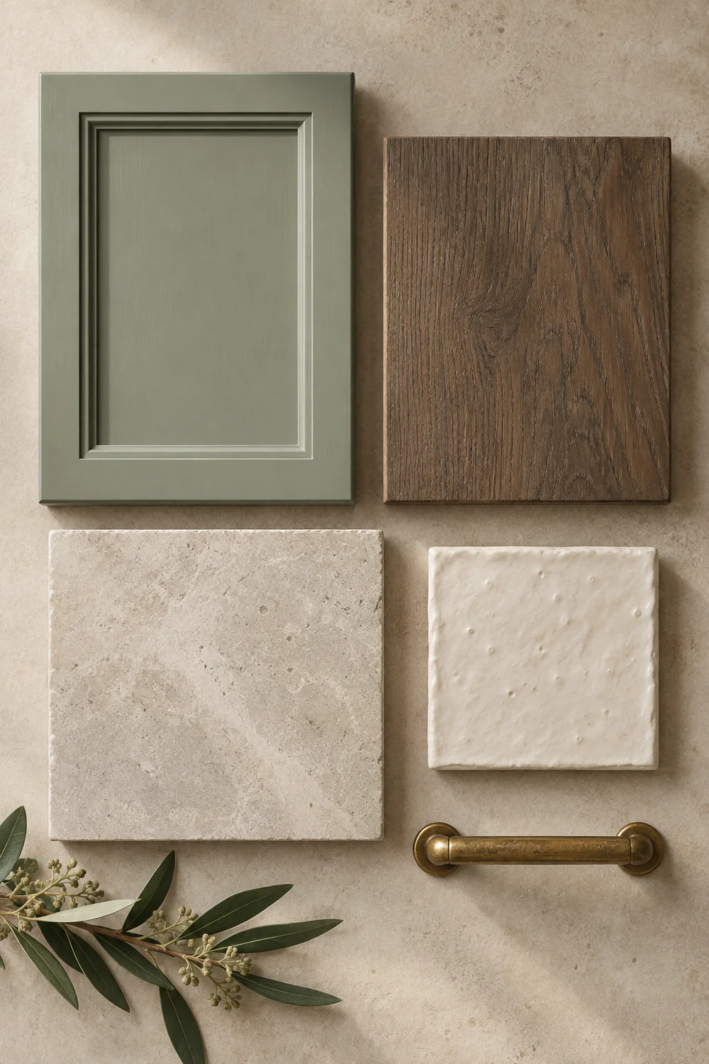Sage cabinet door with smoked oak limestone cream tile and aged brass samples