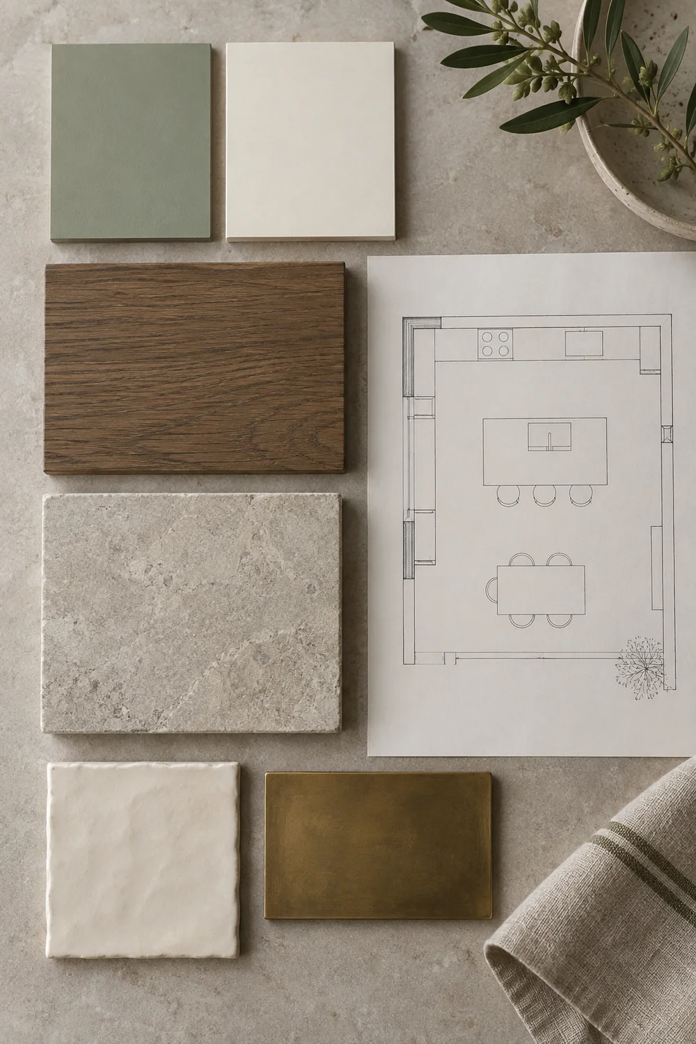 Sage green kitchen material schedule with labelled finish samples