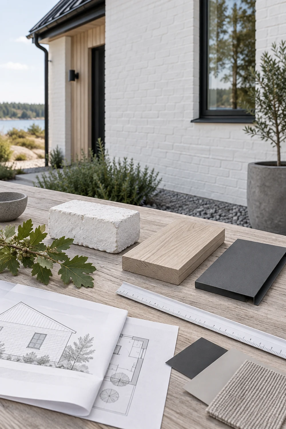 Scandinavian exterior contractor brief with white brick timber and charcoal samples