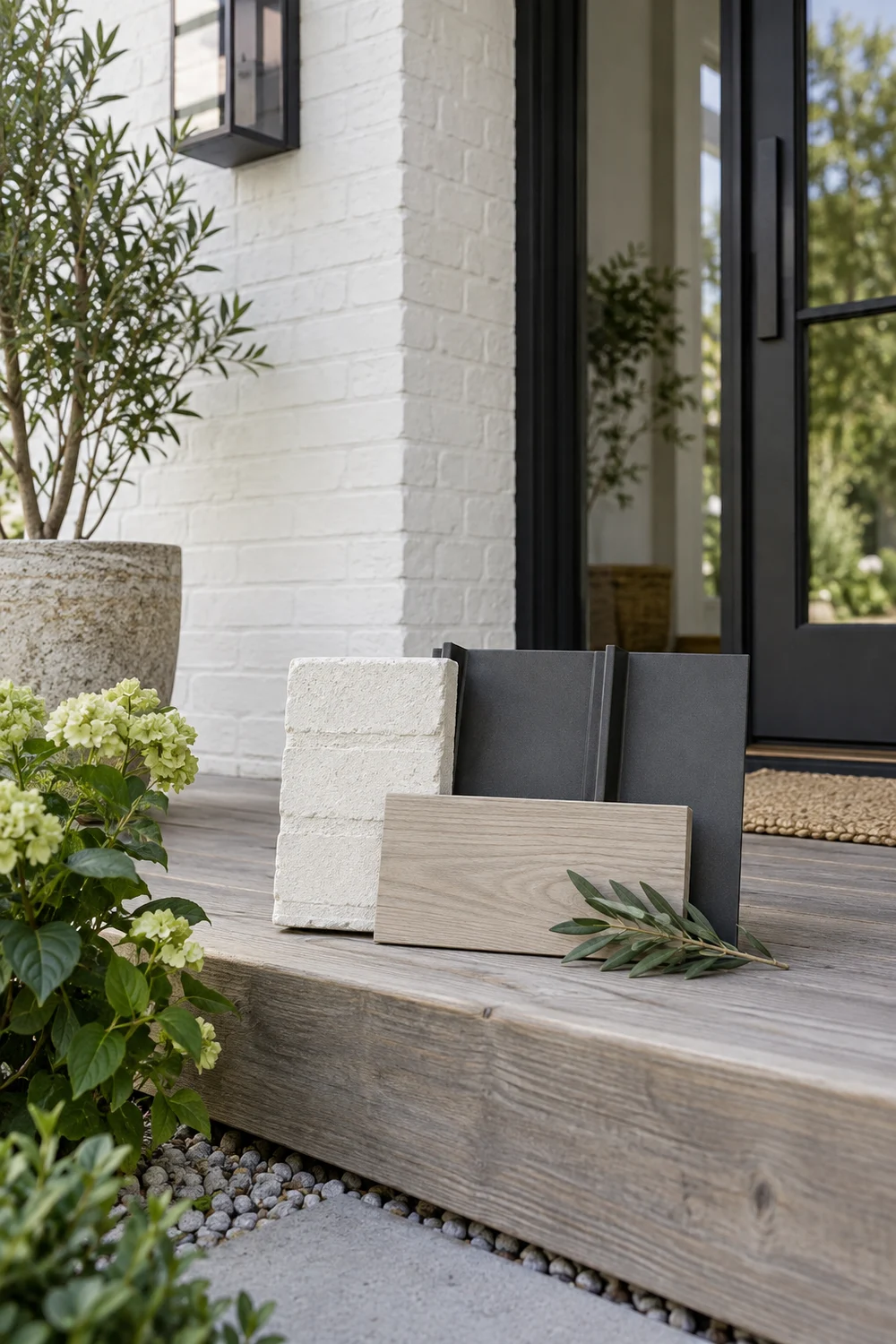 Scandinavian exterior material family of pale timber white brick and charcoal metal