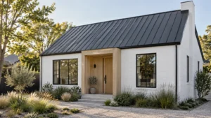 Scandinavian house exterior with white brick charcoal roof and pale ash entry