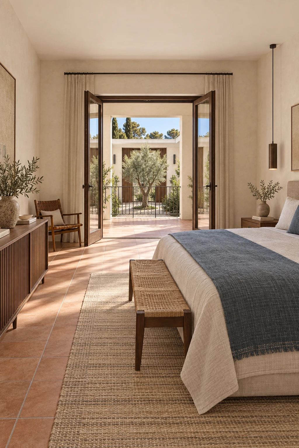 Second bedroom with a low linen bed, terracotta floor and a view toward the courtyard