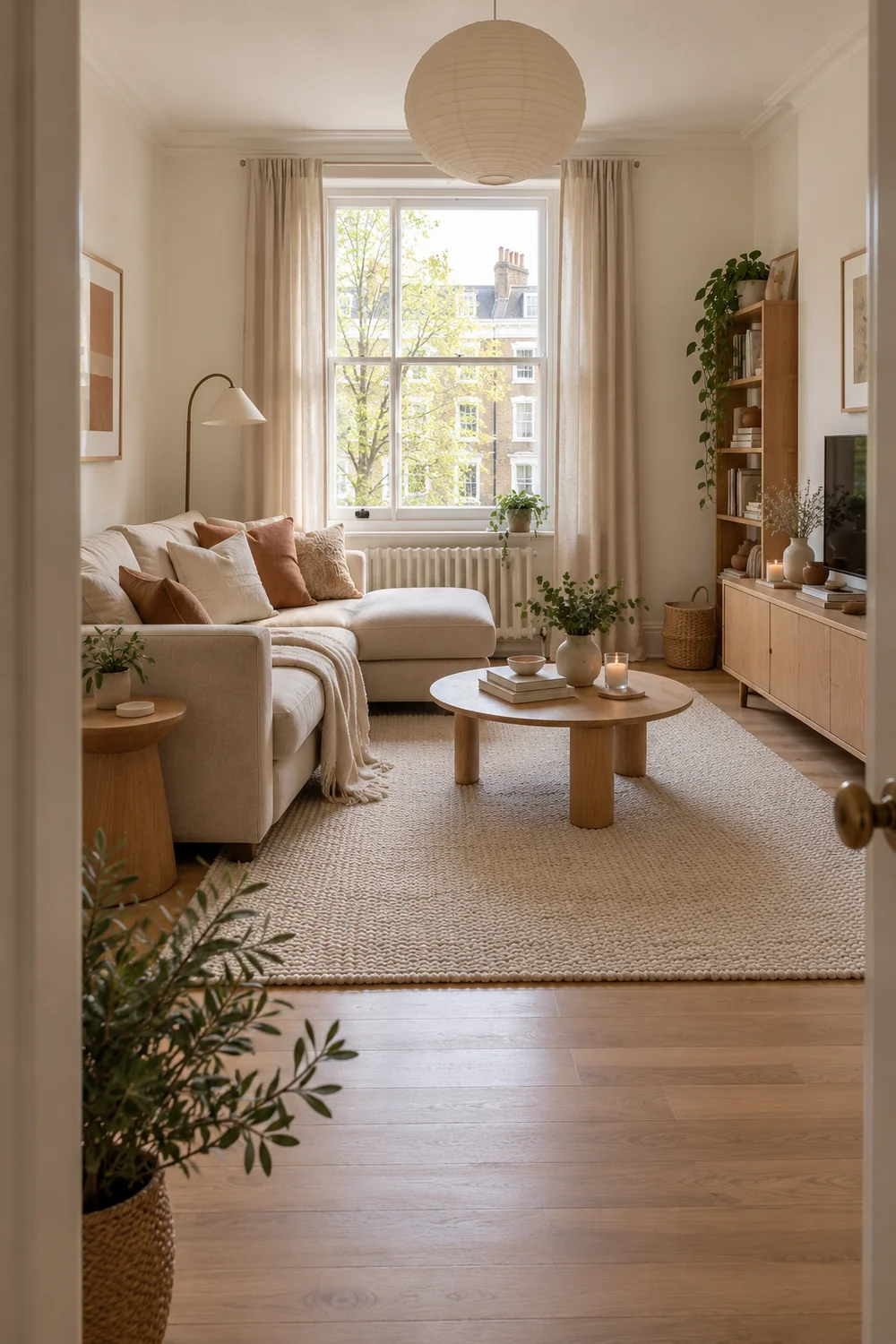 Settled rental living room viewed from its doorway