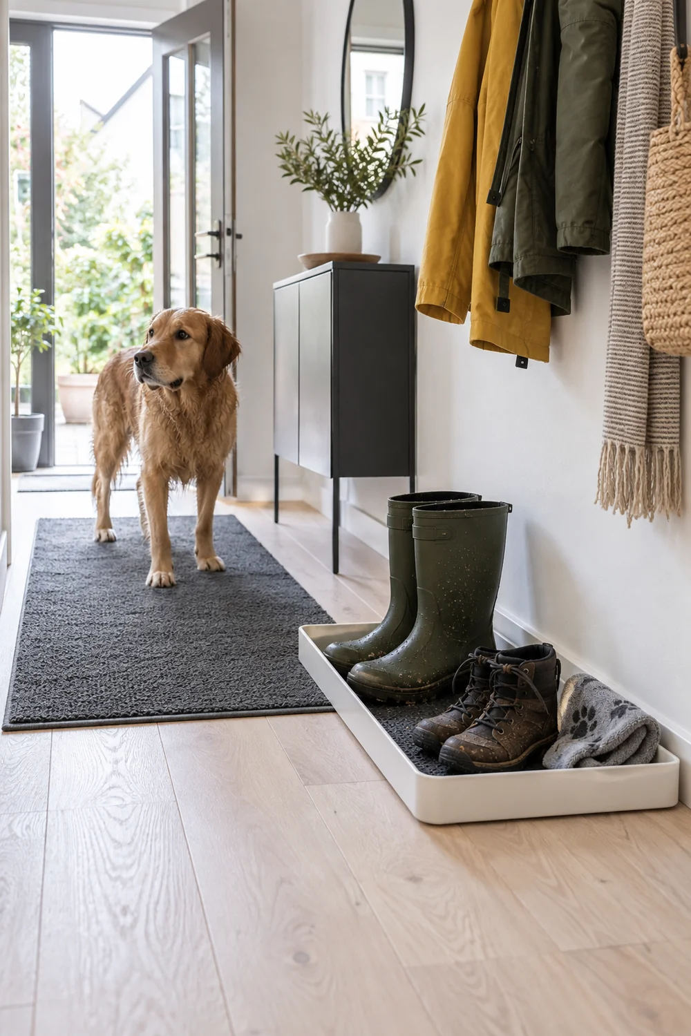 Shallow white shoe tray beside a birch floor and clear hallway route